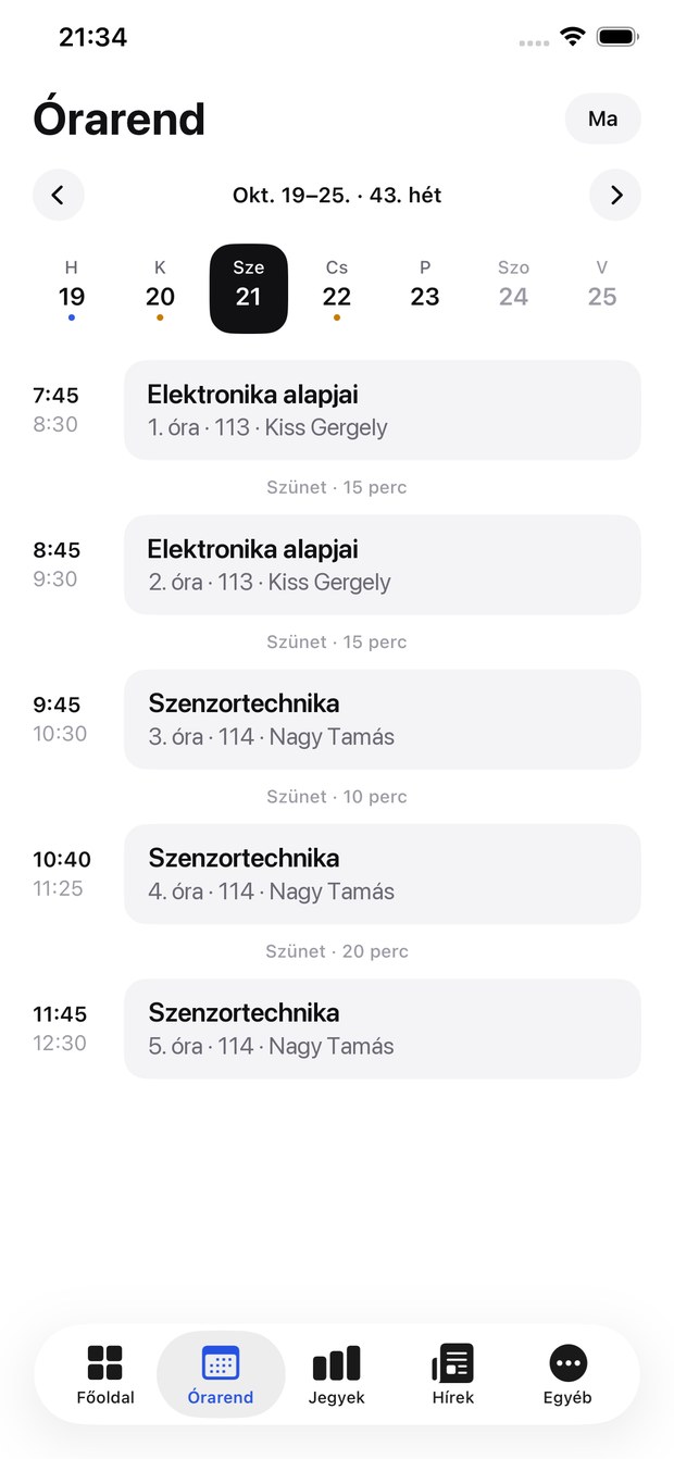 Az app órarend képernyője